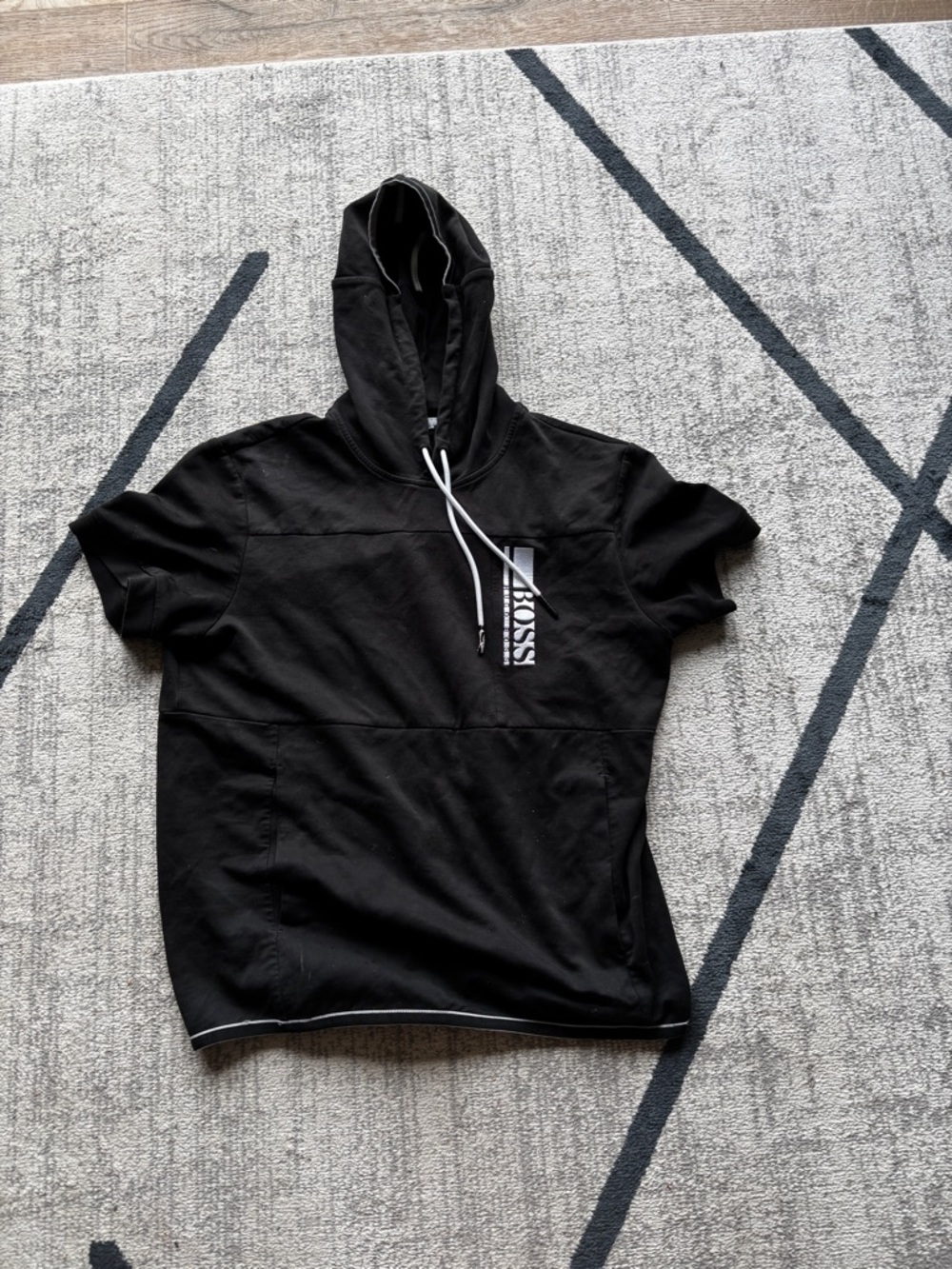 Hugo Boss Black Short-Sleeve Hoodie with White Drawstrings